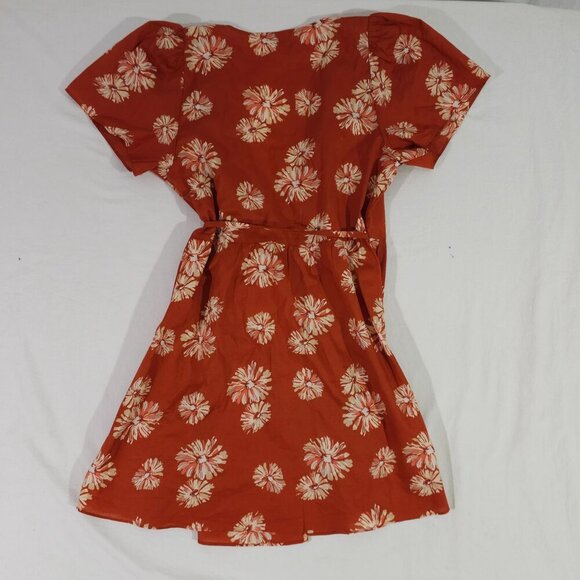 Madewell Floral Wrap Dress Rust Red & White Short Sleeve V-Neck Womens Size L - Picture 8 of 8